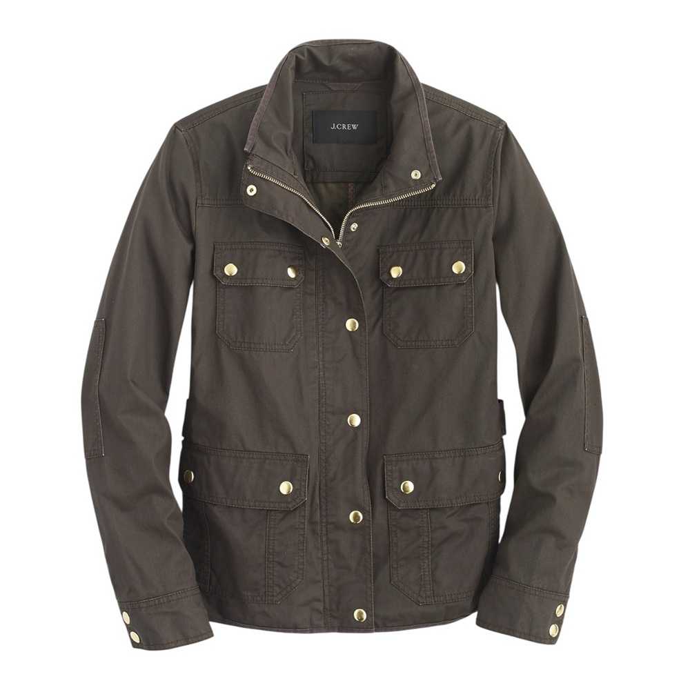J. Crew Downtown field jacket 100% waxed cotton military inspired moss brown S